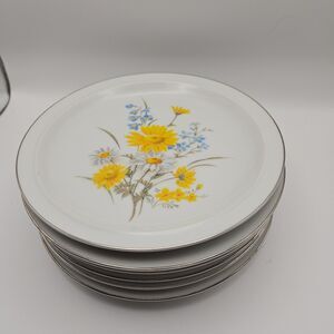6x Fanci Florals MARSH MARIGOLD Salad Plate 7.5" Porcelain Japan Silver Trim